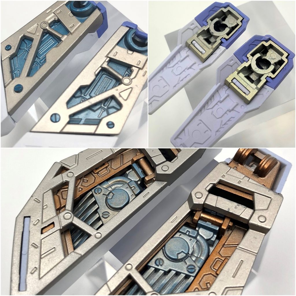 このキットの素晴らしい点の一つですが、スカートの裏側を、複数のフレームパーツを使って立体的に構築しています。(ぜひ、今後、他のキットでも実現してほしいです。)パーツを複数色で塗り分けました。(完成すると目立たないんですが・・・)