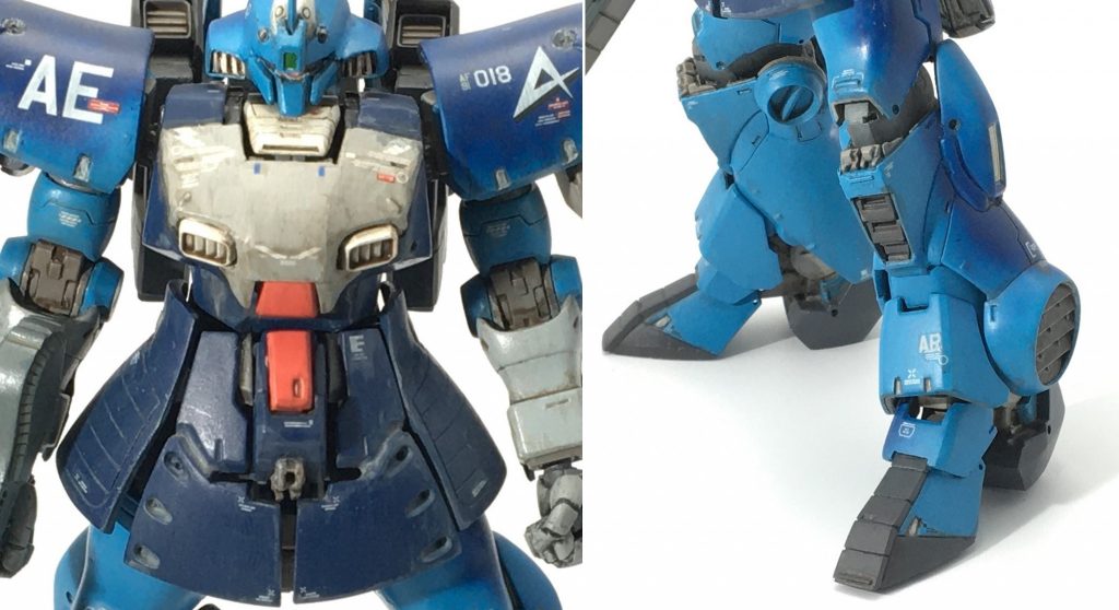 胴体正面に浮かぶジオン系MSのライン。スネから足首周りはカトキ・デザインに寄せるべくギラ・ズールを流用。