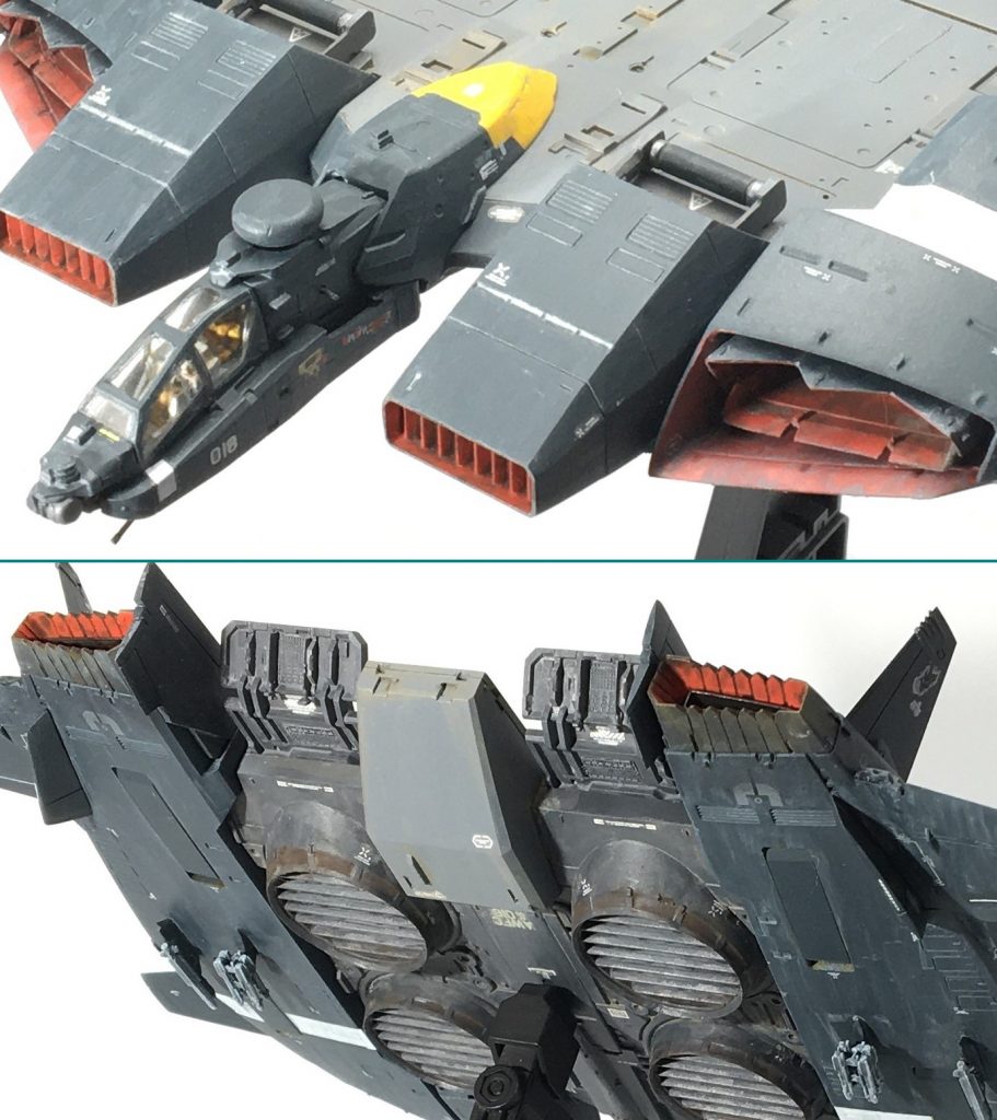 複座の機首にはカラバのパイロットを。各エッジは薄々攻撃。サイドエアインテークのシャッターは現用戦闘機っぽくギザギザに。後方のノズルや底面のホバー部は、チタン合金の焼けた感じになるような塗装表現にトライしました。