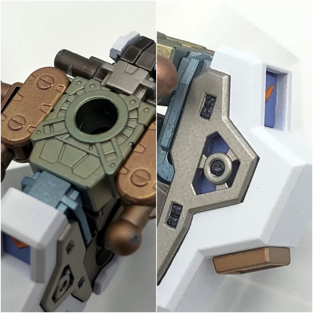 股間のV字マークはオレンジイエローに変更。内部フレームを複数の金属色で塗り分けています。(完成すると見事に見えなくなりますが・・・泣)