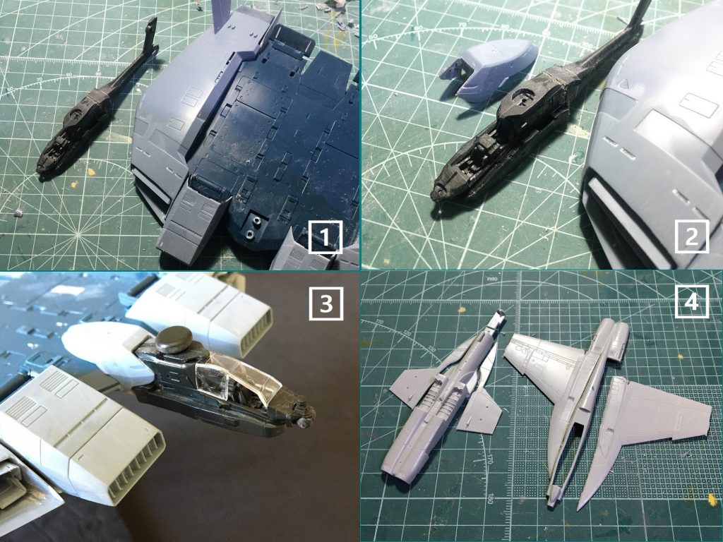 1⃣ 独レベル1:144 アパッチとベースジャバーのキットを用意します。青魚と巨大エイみたいですね。2⃣3⃣ 元キットとアパッチの機首を適当にくっつけます。4⃣ 同じく1:144 スーパーホーネットの機体を切り刻んで、主翼をくっつけます。