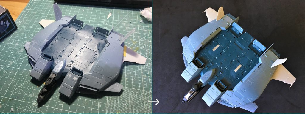 右が基本工作の終わったところ。キットのままだとスケール感に乏しかったので尾翼も結局変更。足場デッキにはネオジム磁石を仕込みました。