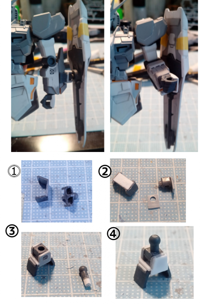 シールドのアタッチメントも可動式に作りかえました。①カット②適当なポリキャップをプラバンで挟んで、カットした面も補強と接地面ＵＰのためプラバン貼り付け。③軸も短いので、ランナーで延長。真鍮線ないので、画びょうの針の部分切ってぶっさしてますｗ④見た目よくして完成。軸が左右に倒れることができるので、肘を曲げてもシールドを横にできます。