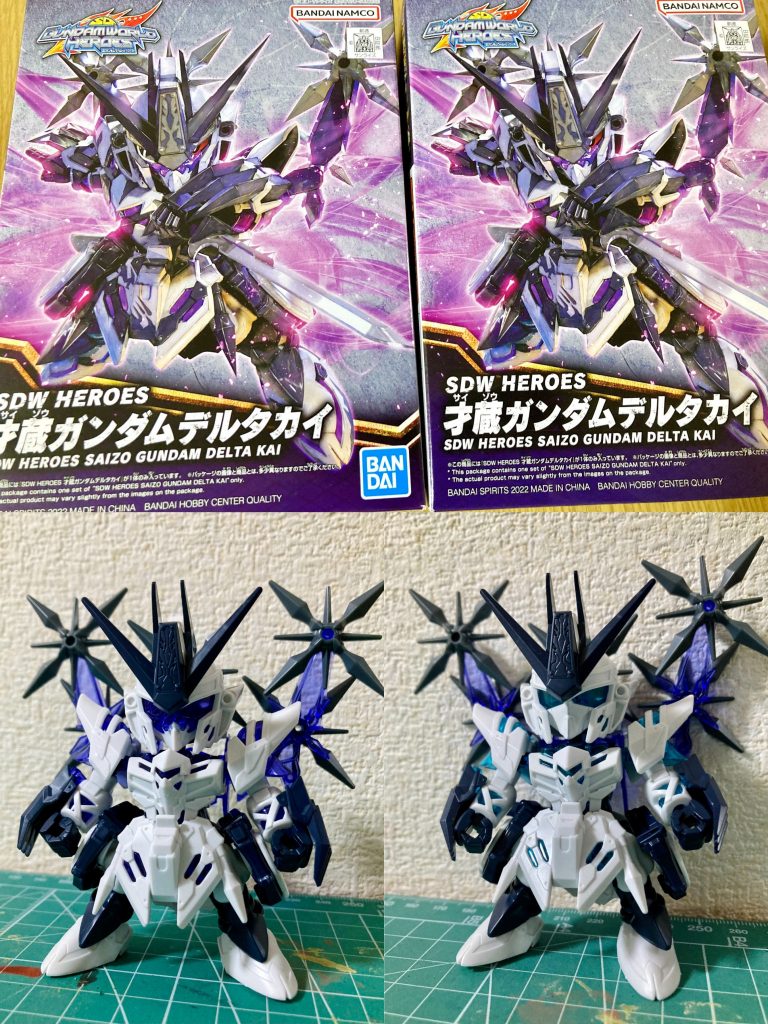 水色Ver.のパーツは同形状の佐助デルタガンダムから一式拝領しました。背部バインダーの手裏剣も追加して、アニメ設定デザインの5枚とも大きな手裏剣にしています。