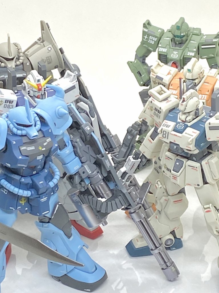 最後にウサ男の世界観でのMS08小隊で作りました機体勢揃いで。劇中で出ました量産型ガンタンクとボールK型がまだなので・・・量産型ガンタンクがHGUC化した時にボールK型も作ろうと思います。