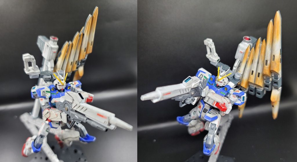 ビーム・ライフルVガンダムのビームライフルをそのまま流用ライフルの強化としてハイパー・ニュー・バレルを装備可能上に被せることで2連装になり、凄まじい連射ができる追加パーツもフェイクνウェポンズからです