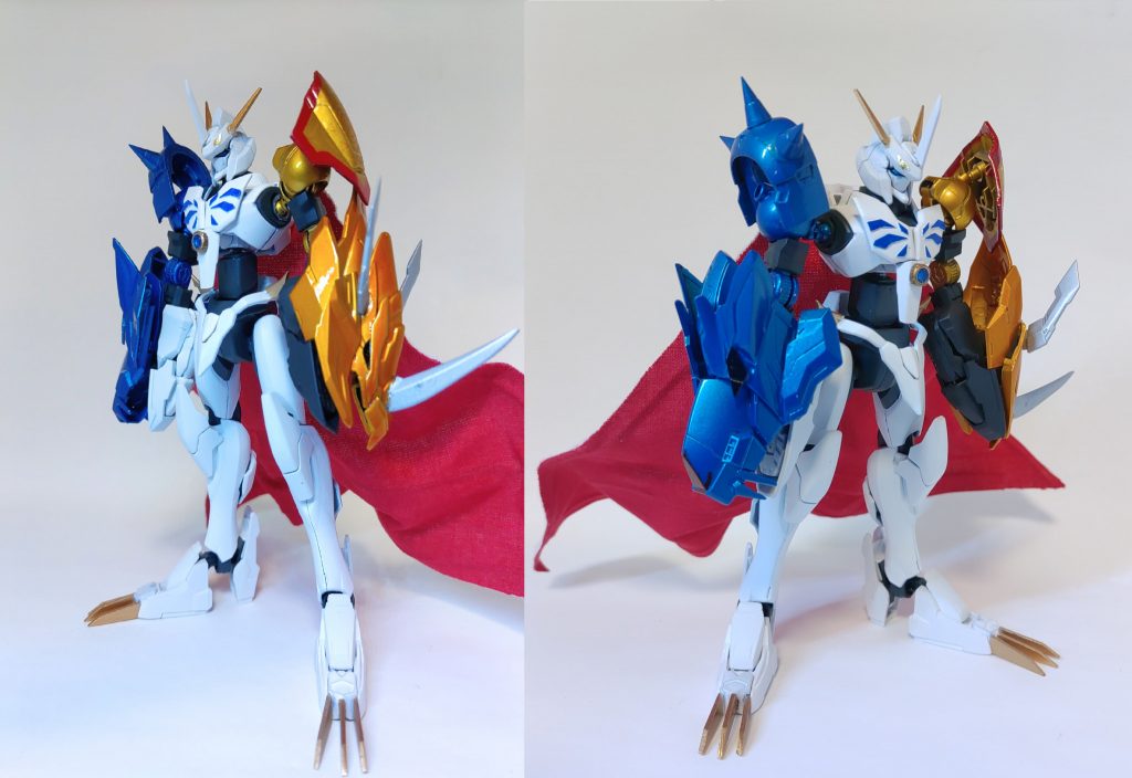 個人的に気に入ってるのは上半身です。オメガモンはボリュームのある胸部と、細いウエストのギャップが魅力の１つだと思ってますが今回、ベースにギラーガを採用。（正確には煌ギラーガですが面倒なので以後ギラーガで統一）細いウエストはギラーガの腹部を削ってジャンクで覆ったものです。よく動きます。