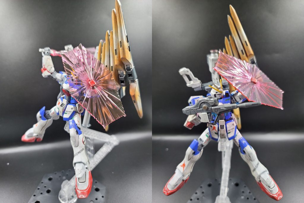 ビーム・シールドビームシールドが普及したこの時代なぜフル装備では敢えてHi-νガンダムの実体盾を装備するのかアムロ曰く「防御以外の使い道がある」とのことビームシールドの透明度をそのままにしたいので今回はクリアパーツを塗装しません