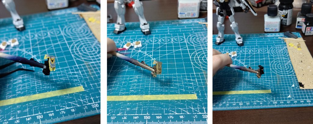 腰部フロントのv字はパーツ分割されてないのでシールが付属されてます。が、貼るとシール感が強いので、シールの枠を使ってマスキングして塗装。上手くいきました。