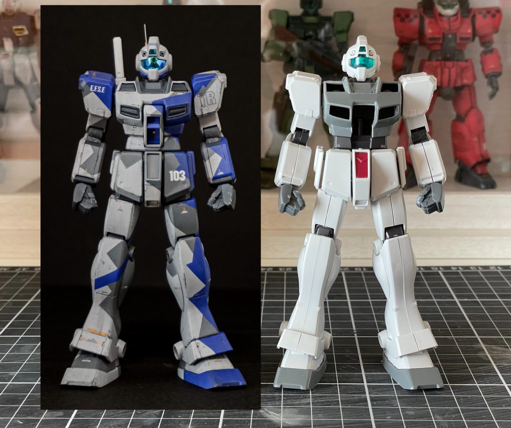 素組との比較。膝下を5mm短縮、股関節を3軸に変更、肘を関節で2mm延長、胴体をコンパクトに見せるため肩にテーパーを付けて腹部延長・・・とスタイルも改修しています。どれも地味でぱっと見気付いてもらえなさそう・・・