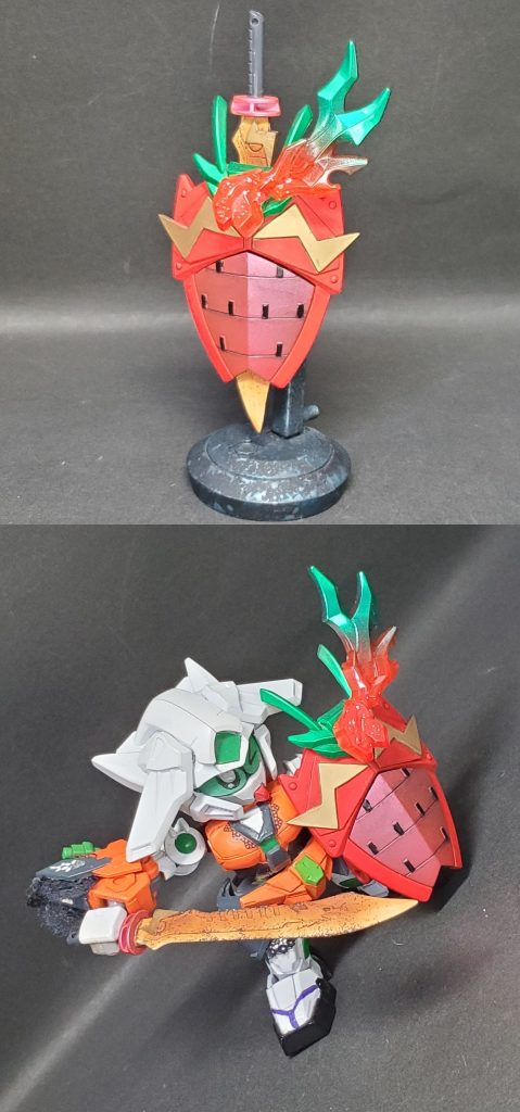 雷盾「トチオトメ」雷刀「ウツノミヤギョウザ」栃木県の「とちおとめ」をモチーフにした盾と、「宇都宮餃子」をモチーフにした刀です。栃木県は雷が多いということを踏まえて雷マークを入れています。