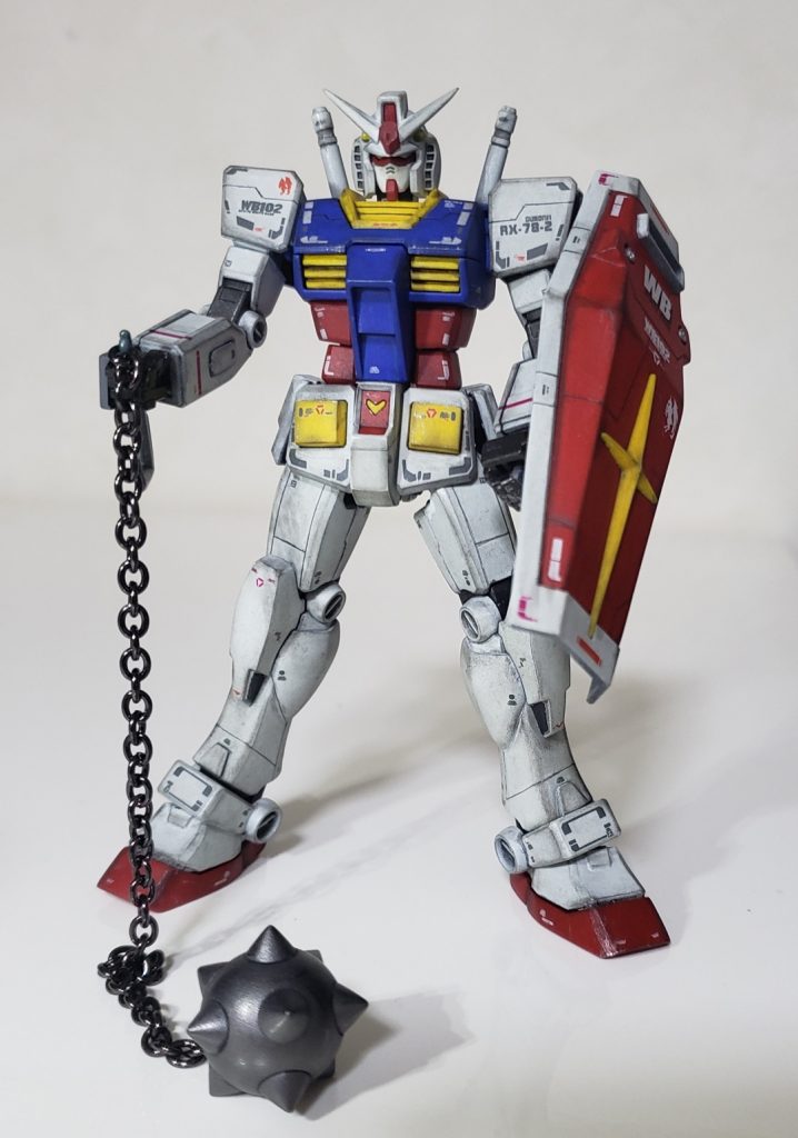 G30ガンダムから拝借したガンダムハンマーをダークアイアンで塗装。布等で磨くと鈍い光沢がでて金属感を表現出来るので気に入ってます^^