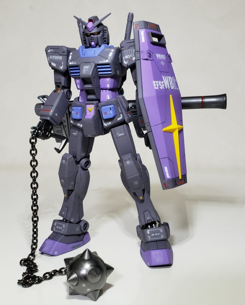 2021年5月作成。G30thガンダムはグレー強めのG-3カラーにしてみました。・フィニッシュングサフェーサー1500ブラック・グレーバイオレット+パープル少々・パープル+ブラック少々・ライトブルー+パープル・ダークアイアン・イエロー・カッパー・GX113艶消し・ウェザリングカラー(マルチブラック)・水転写デカール充電式エアブラシでの全塗装です。