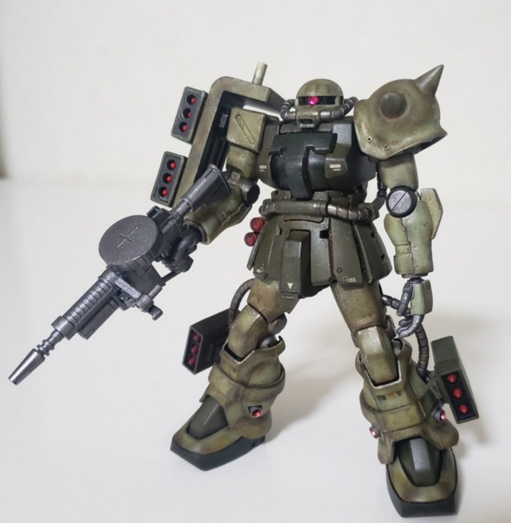 缶スプレー塗装です。MSグリーン(クレオス)オリーブドラブ(タミヤ)水転写デカール張り付け後艶消しトップコートグランドブラウン(Mrウェザリングカラー)でウォッシングウェザリングマスター(アカサビ、サンド)エナメルシルバーでドライブラシ仕上げの艶消しトップコート