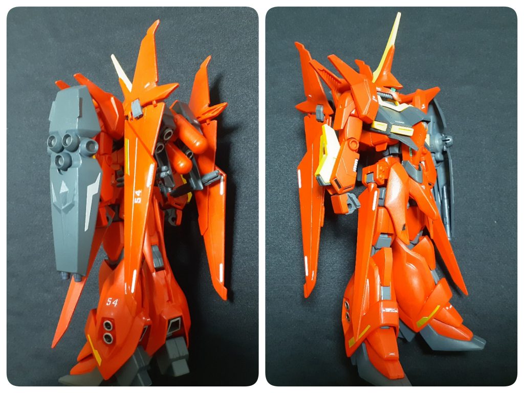 外観の変更点は、背中と腰のウイング大型化、膝の間接弄った事によるアーマー位置変更くらいです。
