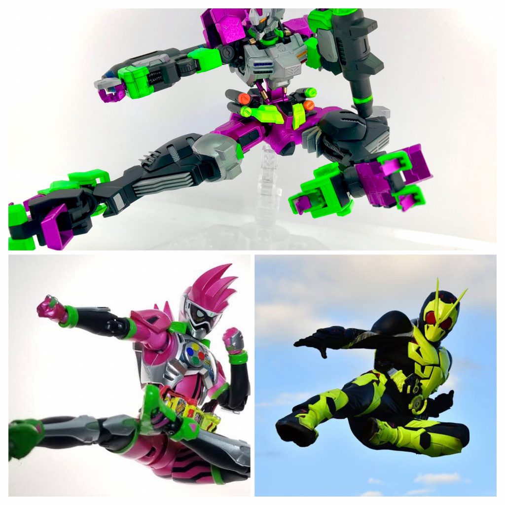 そして足クローギミックを利用してのマイティクリティカルストライク！(いわゆるライダーキックw)ライダーモチーフにしてくれと言わんばかりですねw元の色からすると仮面ライダーゼロワンの方が配色的に近いのですが、どうせやるならよりビビッドにしたいと思ってエグゼイドにしましたw