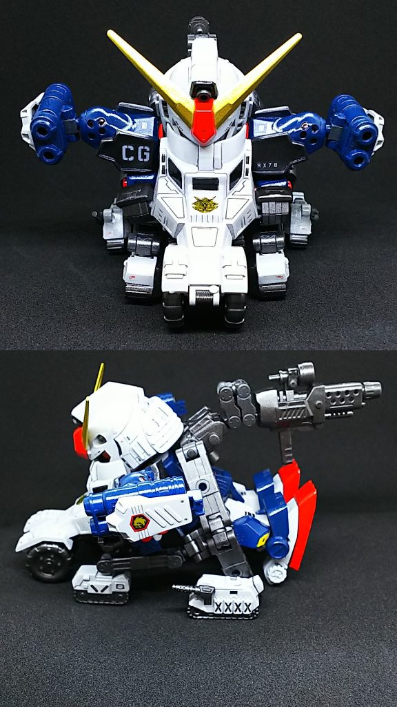 キャプテン単体でのビークルモードです。オミットされがちな真ん中のキャタピラも差し替え無しで変形します。武器のみ差し替えの完全変形を目指して試行錯誤しました。なので背中はフレームの化け物になっていますw