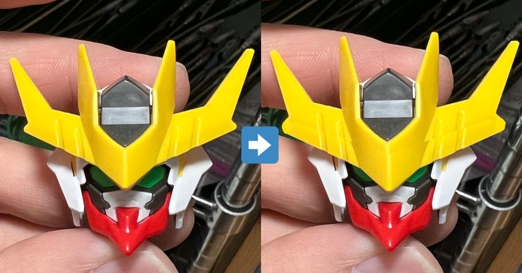 当初はSDCSレクスの頭部を使おうと奮闘していました。そのままではポップな雰囲気なのでアンテナを分厚くしてヒロイックな感じにする作戦です、画像はPhotoshop写真を加工して完成イメージを考えている所です。