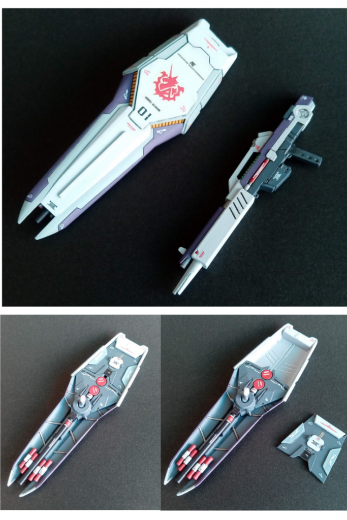 シールドは、表面上部の出っ張りをカットしプラバンで覆い、下部にプラ棒で増設。横の面にもプラバンでディテール追加。裏面は、上部が空いてるの嫌だったのでプラバンでフタをしてます。デイテールもそれっぽく。