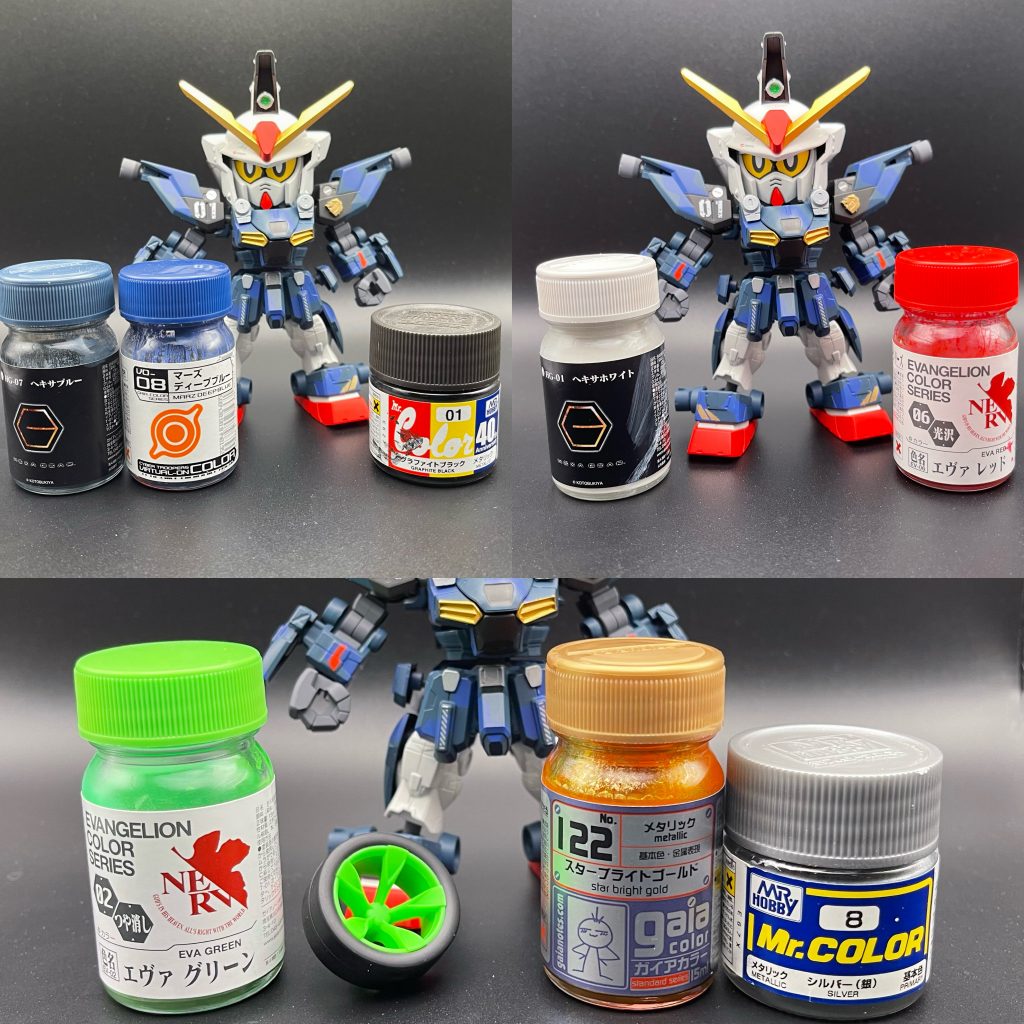 青色の装甲部分は、GアームズEDO メンバーの共通仕様として、マーズディープブルーとヘキサブルーの2色でスプリッター迷彩にしています黒部分は、グラファイトブラックです白はヘキサホワイト赤はエヴァレッドタイヤホイールは、エヴァグリーンゴールドはスターブライトゴールドシルバーは、8番シルバーですまた、キャプテンシールドのカラーリングとしては、白:ヘキサホワイト青:コバルトブルー金:スターブライトゴールドとスターブライトブラス赤:エヴァレッド黒:メタルブラック青は本体の青より明るくなるようにしています