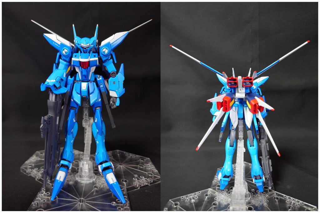 正面・背面立像色も含めてそこそこそれっぽく出来たかなと思っています。背面ブースターは前作ではインパルスを使いましたが、似たようなブースターということでストライクのブースターを使用しました。胸部排熱部?は元のまま使う予定でしたけど、素組して全体像を確認した後に分解するときに外せず、ボロボロになってしまったためそのままバテで埋めました。元々がない機体なので埋めた方が似ましたけれど、今後素組するときにさらに注意しないといけないですね。前回はデカールシールを貼りすぎたので今回は自重。ミキシングのため、元機体に似せるためにミキシングしたので脚がちょっと長くなりすぎてバランスが崩れている気もしなくもないですが、高機動型という言い訳をします。