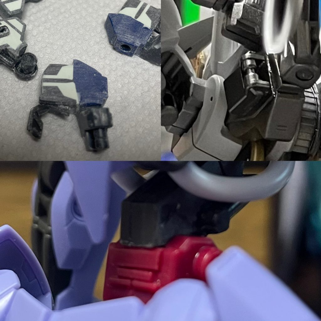 RGウイングのバックパックを真ん中で切り離して接着。パテで隙間埋めてからプラ板で面を整え、余剰パーツ貼ってディテール感統一してます。ヴァルキュリアフレームはこのスラスター部分が使い辛いです。腰に差し込むフレームの丸いデザインがあまり好きではないので切り飛ばしノーネイムの肩に置き換えました。最終的にエクシアのパーツを貼って見栄え良くしてます。画像ではほとんど見えません。