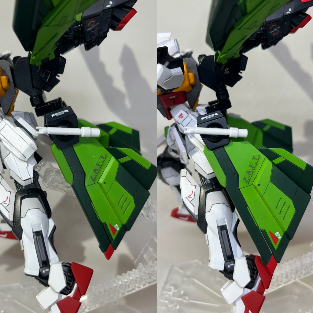 レール砲のパーツは前方は移動できるようになっていて、レール砲発射時やビームサーベルを取る時などは前に出てきます。