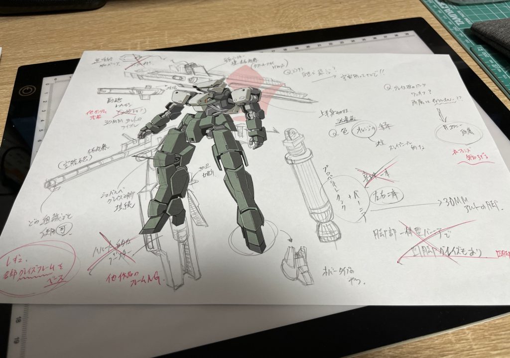 　このガンプラを作るにあたり、色々とメモ書きしながら進めました。ガッツリミキシングする時はいつもこんな感じですね。