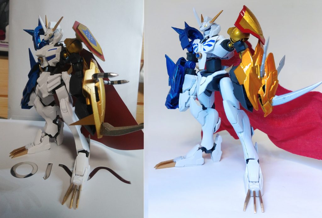 リメイク前との比較。個人的には全体的に丸みが増えたのが格段にそれっぽさを上げたかなと。肩とつま先と頭部は流用しました。頭部中央の角だけ少し位置変えましたかね。