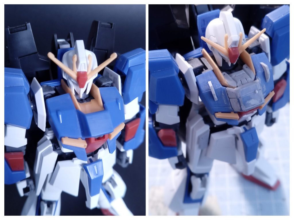 作って、びっくりしたんですが、動きが売りなのに首が狭くて回らない！ですので首の黄色いパーツを切ってプラバンでかぶせて、幅を増やしました。モールドも追加してそれっぽく（笑）これにともないボディーも隙間ないようにしてます。