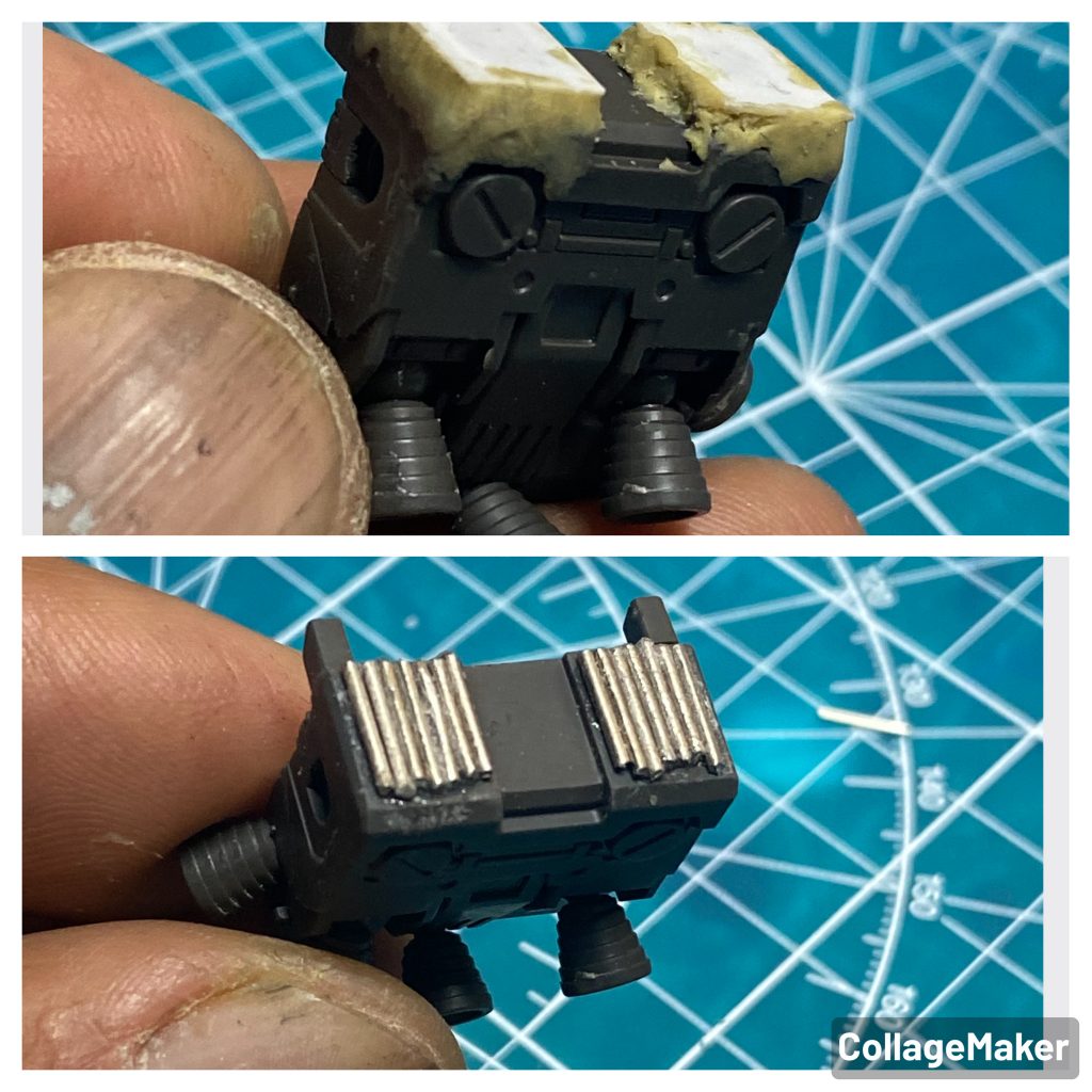 正確な位置にマグネットを付ける技術は無いので文房具のクリップの切れ端をバックパックに貼り付け、プラ板とパテで形を整えました。プラ板は0.3ミリでこのくらいの厚みなら磁力もギリギリセーフ