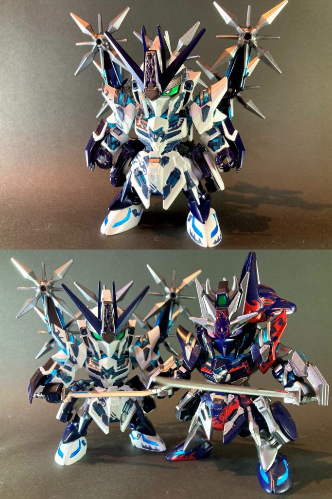 ムシャワールド屈指のエリート忍者！悪しき力に手を染めたダークマスク形態と、本編にも登場した水色の通常形態の2形態を再現しました。基幹パーツを共用し、色違いパーツのみ差し替えの換装で製作しています。各箇所の後ハメ加工や接続部を調整し、パチリというほど固くハメずとも全部気軽に付け外し可能となるよう、ストレスフリー改修を施しました。おかげであまり気兼ねなく何度でも簡単に換装する事が出来ます。