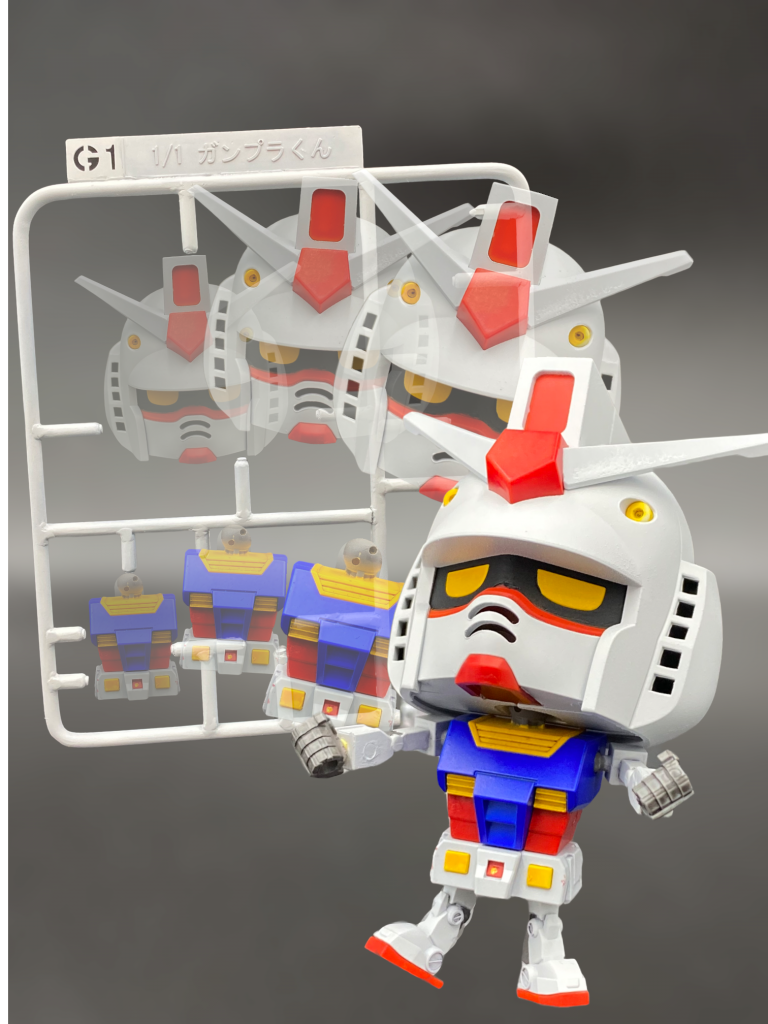 ガンプラくん本体は一旦組み立てた後、5体バラバラにしてランナーに取り付ける訳ですが、完成した姿も捨て難くなったので、ネオジム磁石での固定としました。簡単に組んだり戻したりを楽しめます！