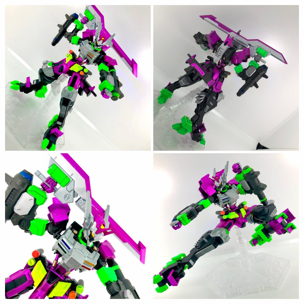 ブース撮影です。蛍光色の主張が激しい…(*´꒳`*)ガイアカラーの蛍光色はクリア、クレオスの蛍光色はソリッドなので、用途に合わせて使い分けると良いかもですね^_^bガンダムフレームのスマートさとシンプルながらワイルドな造形が特徴の鉄血HG、楽しかったです*\(^o^)/*