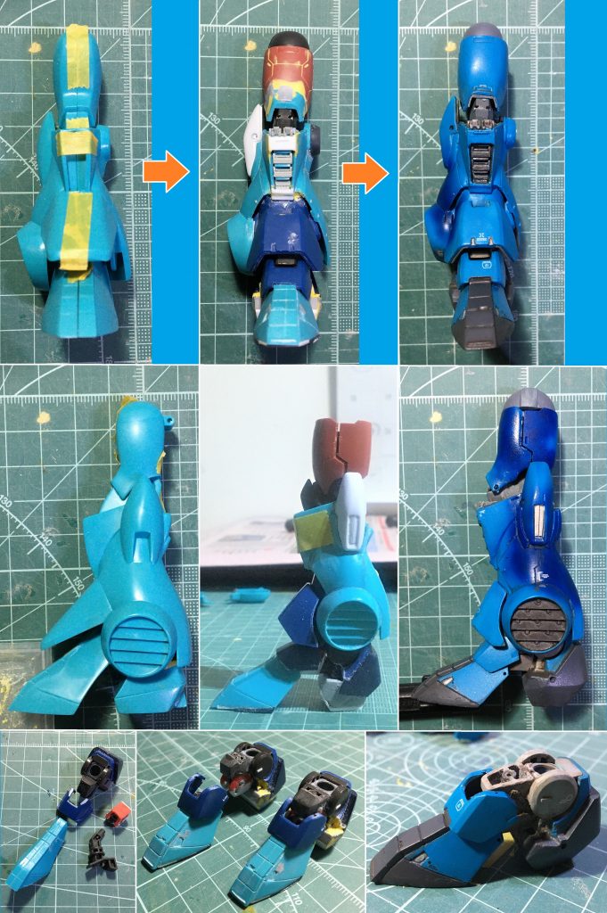 脚部は大きく手を入れました。太ももと膝関節をORIGINザクから。スネ前面のデザインは何とも中途半端でイヤ~んな形状なのでズバッと切り落として、ギラ・ズールの足首関節ごと埋め込みます。旧キットのつま先パーツを左右で詰めて、可動ギミックと重りを仕込みました。膝の外側パーツは、1/144 の旧キットV2ガンダムから。