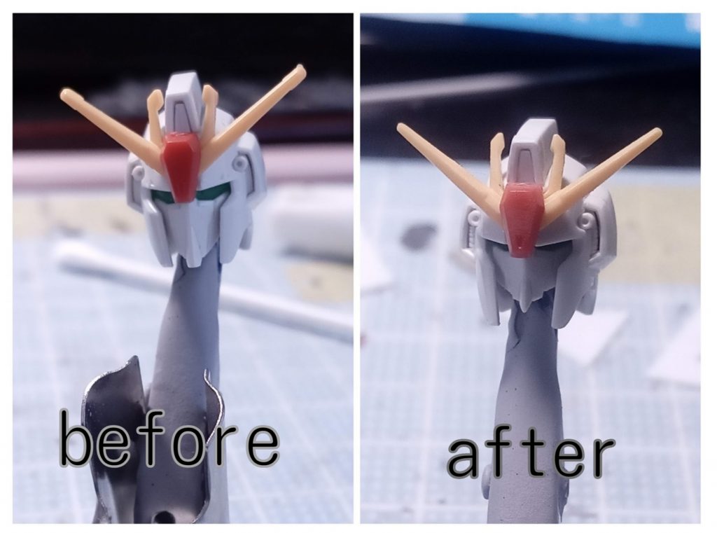 のぺっとした顔をシャープにみえるように目の上、頬をカットして整えています。顔横のダクトにもモールドほってます。この写真ではアンテナを太くしてないのですが、プラ棒で太くしてます。