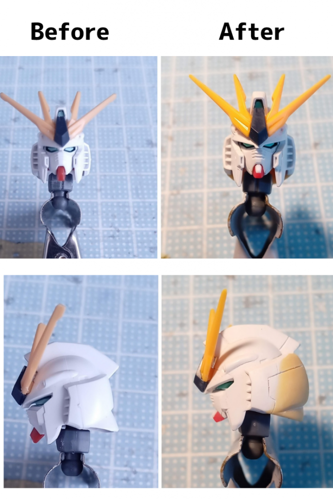 頭部は、ＲＧのνガンダムの感じにと改造しました。後頭部にボリュームＵＰ，目の上を詰め、口の下がった感じを上にプラバン貼って下をカット。あとこの画像にのってないのですが、切れ長の目の横をプラ棒で埋め、目の周りの隈取をパテで0.5ぐらい埋めてます。