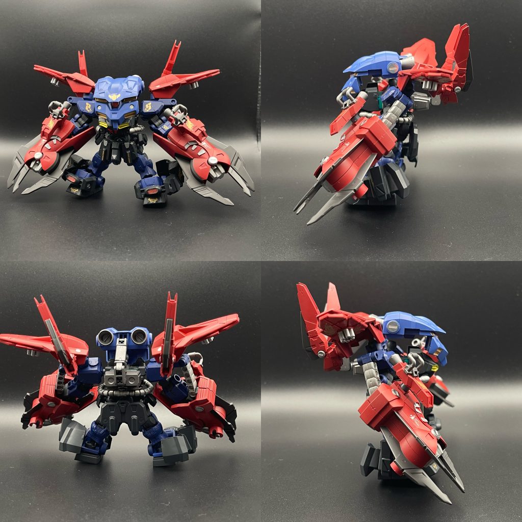 接近戦モード近接戦特化の形態で、通常時の冷静沈着さと打って変わって、破壊の限りを尽くす、いわゆる暴走形態で見かけによらず素早い腕部の巨大なパイソンクローは物理的な攻撃以外にもビームを打つ事ができる頭と腕アーマーが余剰になってしまいます