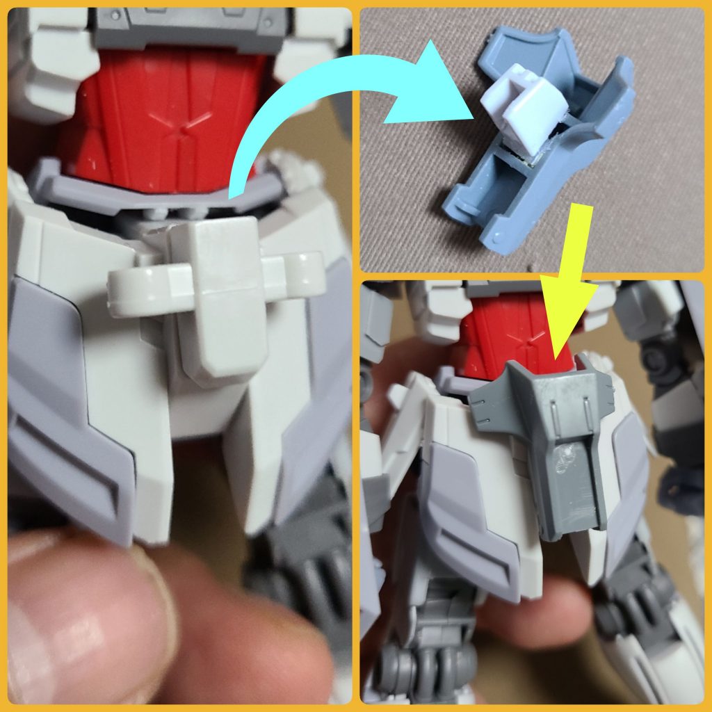 ビームサーベルラックの位置が、バーニアの真下で危なっかしかったので(笑)、ジャンクパーツを噛ませました。こののち、ラックの基部を切り離し、このジャンクパーツの下に来るように再接着しました。