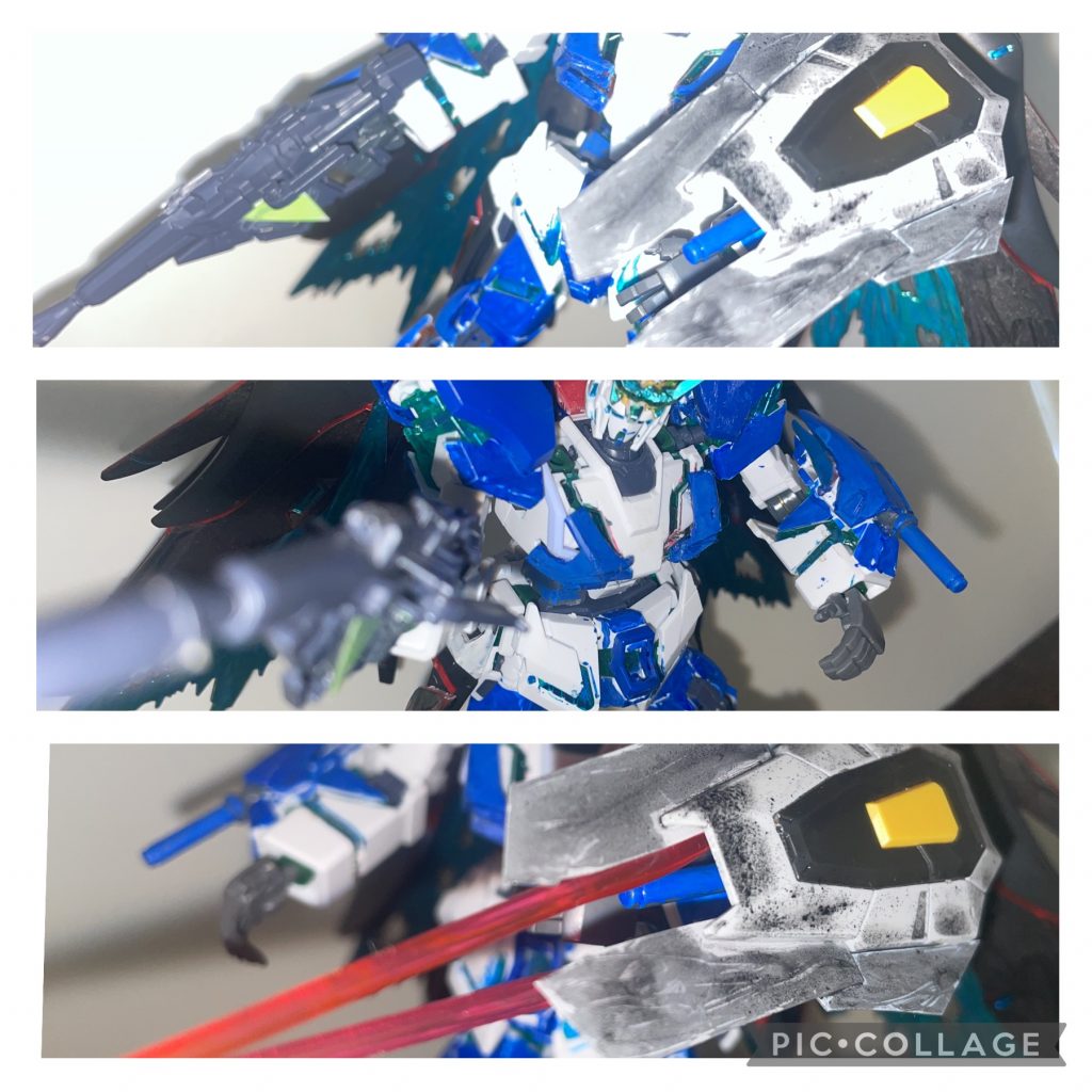 武器一覧ビームライフル…ユニコーンが使用する物と同じ。威力は折り紙付きシールド…ディスティニーのベースにビームサーベルを内側に取り付け、盾そのものを少し大きくした。翼…V2ガンダムと同じ使い方を想定。相手のフレームは焼き切れる。