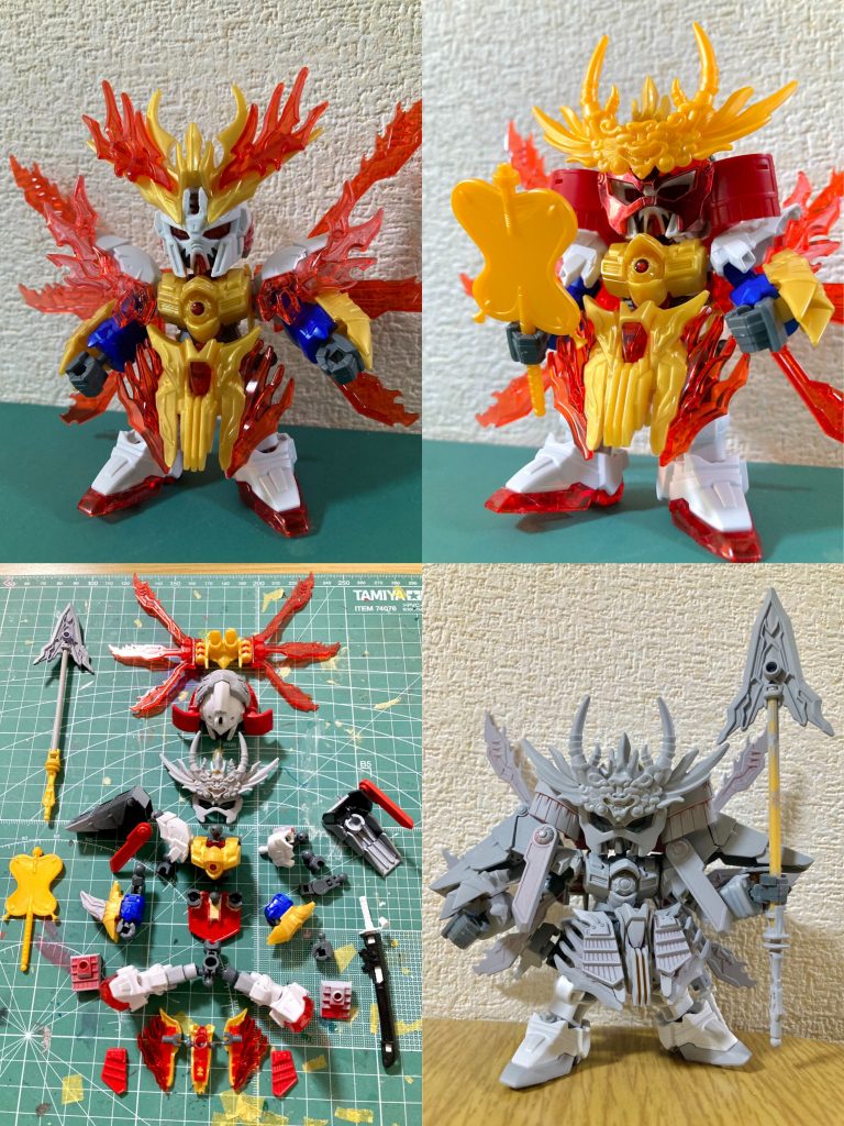 例のごとく全身の関節にボールデンアームアームズを仕込む改修を加えておりよく動きます。謙信マスターガンダムに着手した時点で信玄はゴッドガンダムで作りたいと決めていたのですが、今回ようやく完成し、SD武者頑駄無の歴史にも刻まれる『天と地と』モチーフの宿敵二人をヒーローズ規格で新たに製作する事が出来てとても楽しかったです。