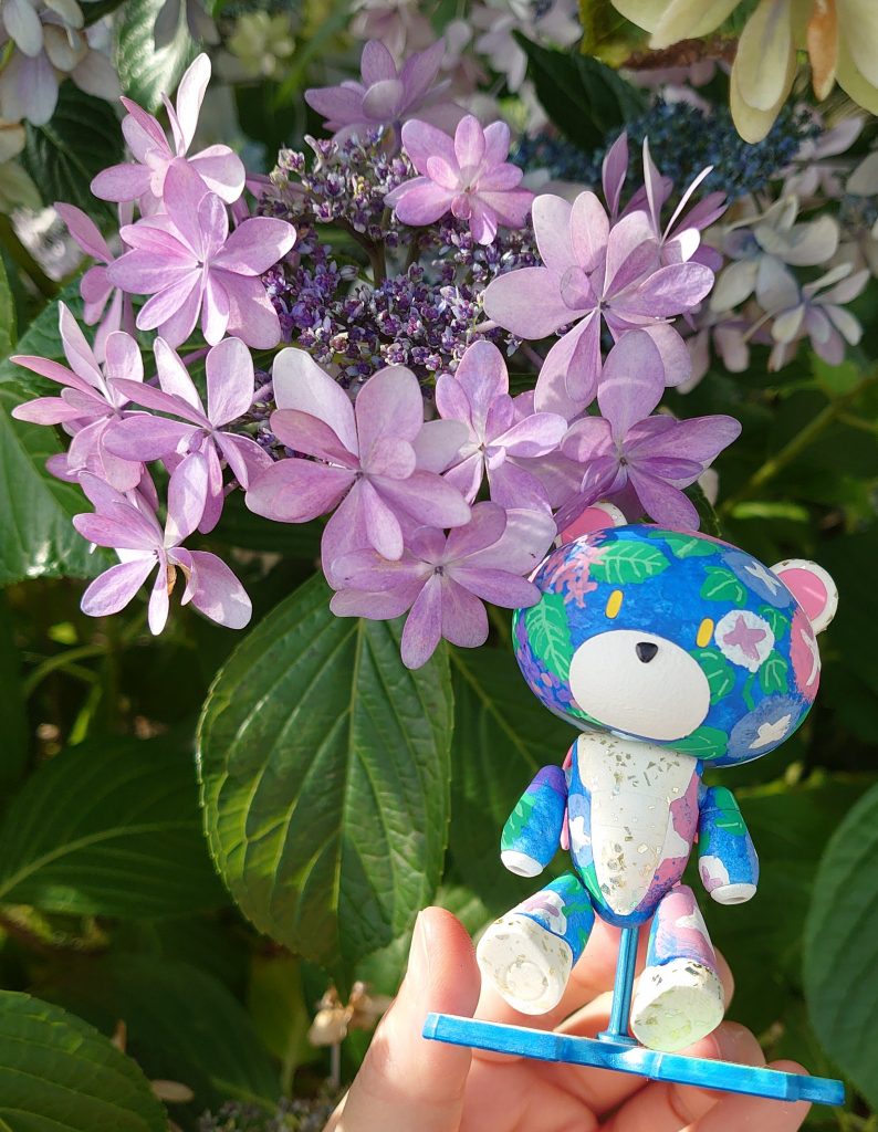 朝日の中で咲き始めた紫陽花と一緒に。紫陽花も盛りを過ぎて、さあ、太陽の季節の幕開けです。最後までご覧くださりありがとうございました。