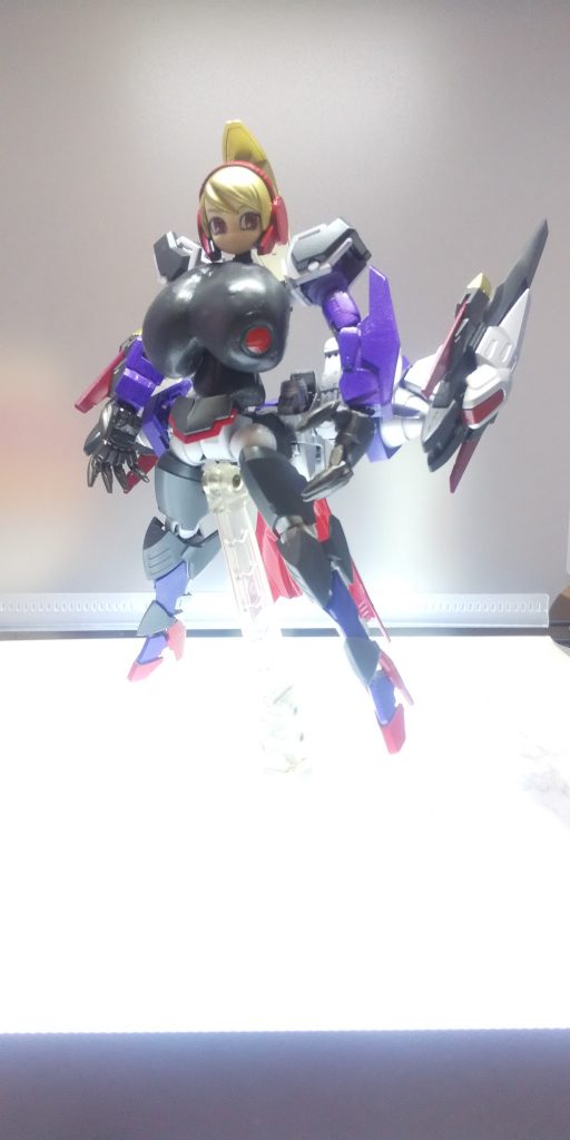 機体名：ガンダム・ワルキューレ武装NGNリボルビングパイルハンマーGNビームスピアGNホーミングレーザー×８GNビームマシンガン×２とある日、十六夜光鋼と会敵した折に大破した白兎を改修したモビルスーツ。コアユニットは無事であったが、装甲がこの世界の素材では修復できなかったため、ボディを新造。その際、敵側に威圧感や恐怖心を植え付けるため文字通り人型の兵器として巨大な人間の姿を模したものになった。