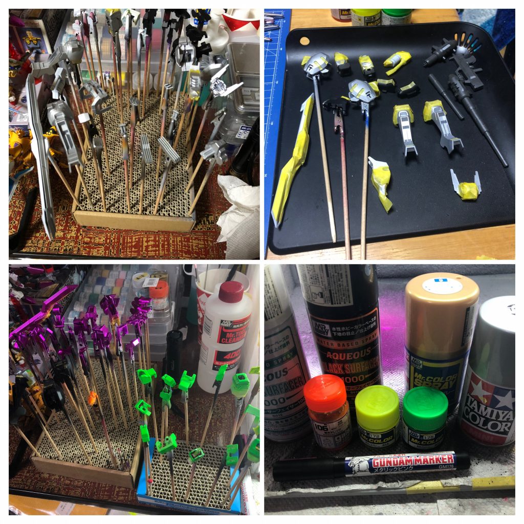 今回はラッカーシルバーを下地に、ベースカラーのピンクはガンダムマーカー。白サフ/黒サフの他にラッカーの蛍光カラーを使いました。造形が細かいのでマスキング頑張りました^_^;わかっちゃいましたが水性の上にラッカーはやっぱりダメですねw今回の光るアイレンズはラッカー金+蛍光オレンジです。