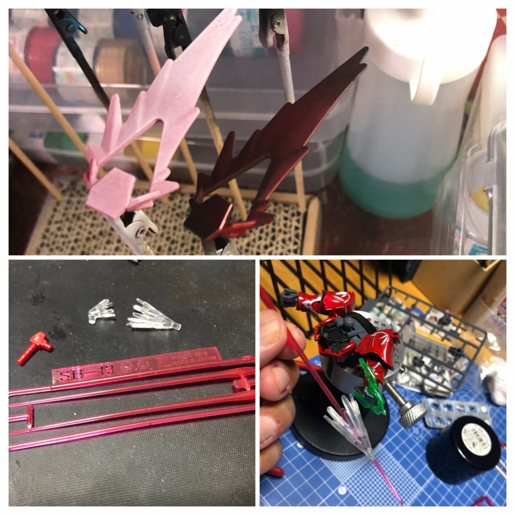 双剣「干将・莫耶」は当然付いていないので、ジャンクを流用してます。弓使いなのですが、なんと矢がないので、他のキットで余ったビームサーベルとビルダーズパーツの忍パルスビームを使って矢=「カラドボルグ」を再現しました。クリアパーツと追加武装は蛍光レッドで仕上げています。