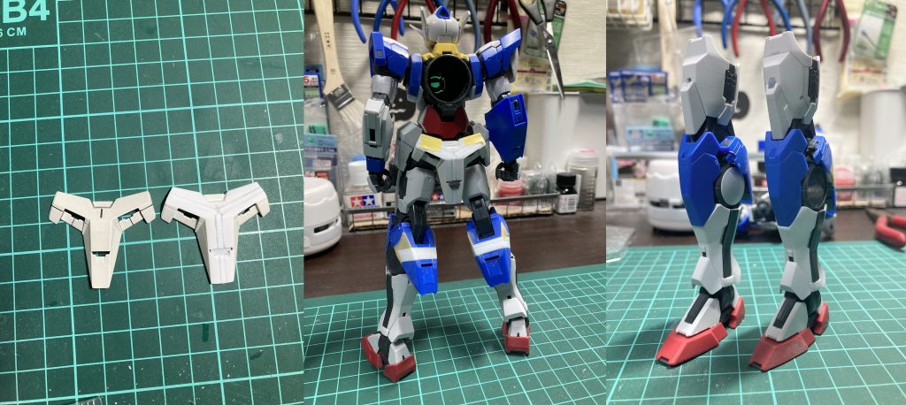 ・フロントアーマー、リアアーマープラ板で幅増し・膝アーマー取付位置が上になるよう足側との接地面をプラ板で嵩増し、スジボリによる色分けで視覚的に足が長く見えるように・粒子をより効率的に伝達する設定でディテールパーツやミキシングで肩、二の腕、太もも、脛横にフレームディテール追加