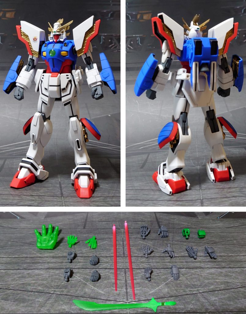 スーパーモードの前後ろと、手首・エフェクト類。格闘家は拳が命、ということでHGFCゴッドガンダム用手首各種と、ビルドハンズ(角)のMサイズを追加しました。また、エフェクトパーツ各種は蛍光カラーを併用して塗装し、「光ってる感」を出しました。