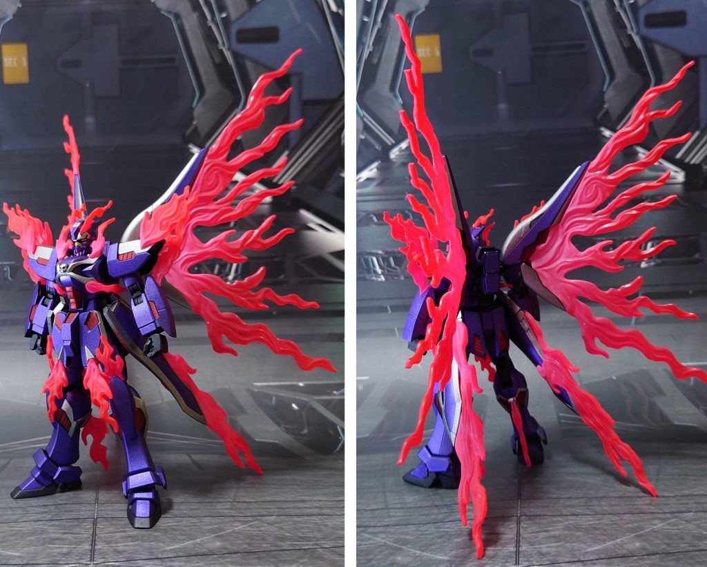ファントムライト展開時の前後ろ。■塗装レシピ紫:黒サフ→メタリックパープル銀:黒サフ→シャインシルバー赤:黒サフ→メタリックレッド黒:黒サフ→メタリックブラックバタフライバスターB:黒サフ→MS連邦グレーファントムライト、ビーム刃エフェクト:根本側にMSホワイト→先端側にメタリックレッド→全体に蛍光ピンクその他部分塗装:ガンダムマーカー各種センサー類:キット付属シール(トップコート後に貼り付け)トップコート:つや消し(エフェクト類には無し)