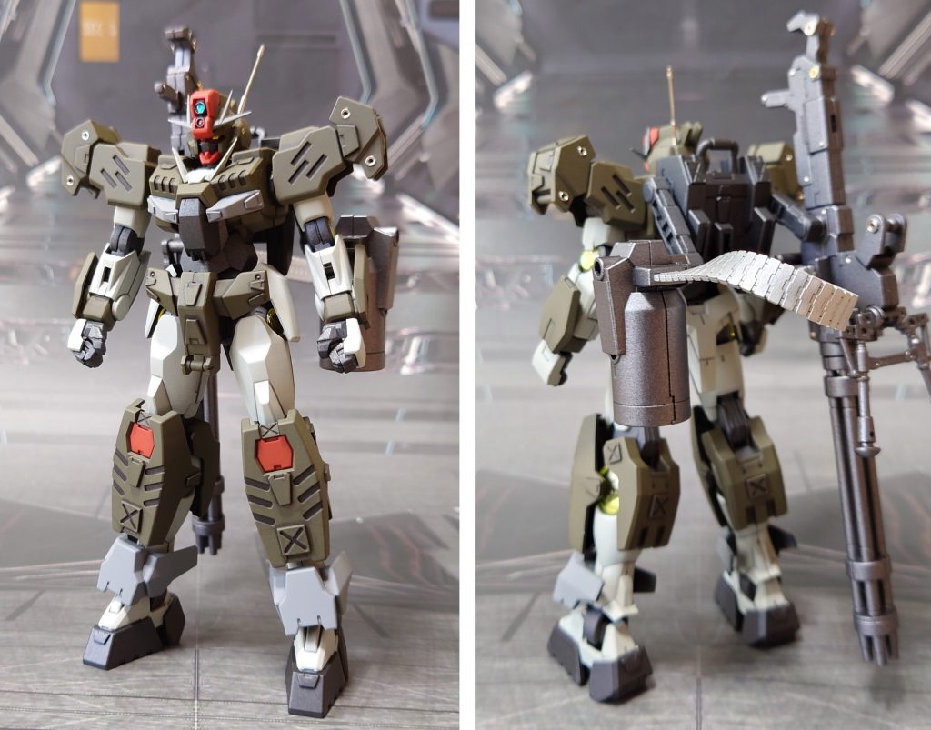 ガトリングガン装備で前後ろ。給弾ベルトはグニャっと曲げても塗料剥げ無し。弾倉タンクのC字ジョイント取付部はプラ板で埋めてあります。