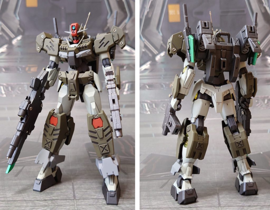 Type.GBNの基本装備で前後ろ。バックパックにHGケルディムガンダムのものを追加、GNビームピストルⅡもそのまま追加。さらに30MMのガトリングユニットをサブマシンガン形態で装備します。